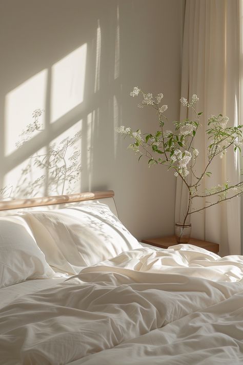 16 Minimalist Bedroom Cleaned Room Aesthetic, Clean Soft Aesthetic, Peaceful Room Decor, White Clean Bedroom, Clean Space Aesthetic, Serene Branding, Soft White Bedroom, White Bed Aesthetic, Warm Light Aesthetic