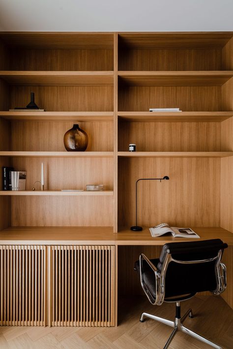 Marble Interior, Study Nook, Oak Shelves, Apartment Renovation, Bauhaus Style, Dining Table Black, The Desk, Living And Dining Room, Apartment Interior