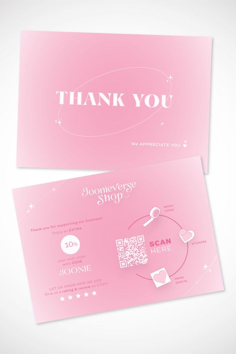 Joonieverse Shop is an online stationery store dedicated to creating beatiful products inspired by Korean boy band BTS. This pink design fits the brand's target audience, and is used as a product insert when a customer makes an order. Aesthetic Moonlight, Outfit Ideas For School, Logo Creator, Packaging Ideas Business, Small Business Packaging Ideas, Thank You Card Design, Branding Design Packaging, Business Thank You Cards, Thanks Card