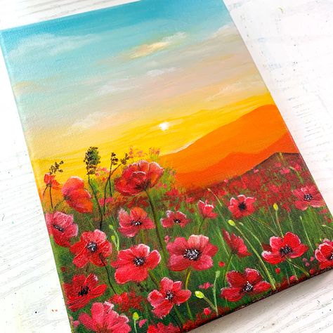 Mini Toile, Sunset Painting Acrylic, Beginners Painting, Sky Art Painting, Flower Painting Canvas, Cute Canvas Paintings, Landscape Art Painting, Canvas Painting Designs, Seni Cat Air