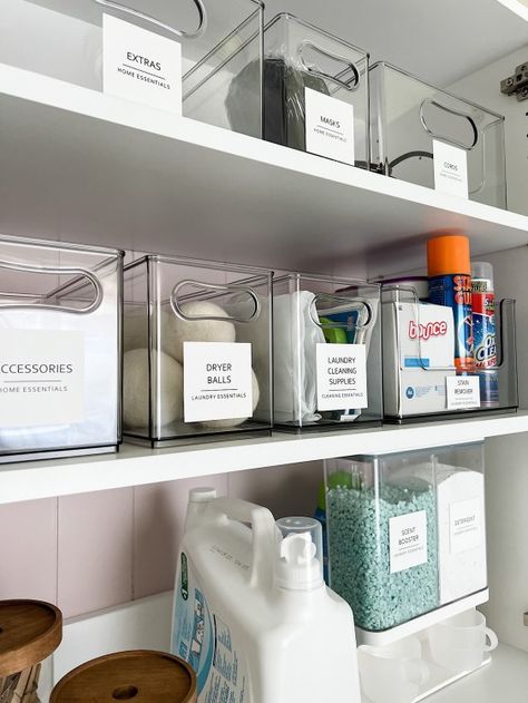 Tool Storage In Laundry Room, Cleaning Closet Aesthetic, Laundry Room Organisation, Laundry Products Organization, Small Laundry Room Ideas Shelves, Small Laundry Room Inspiration, Laundry Room Drawers, New House Organization, Room Closet Organization Ideas