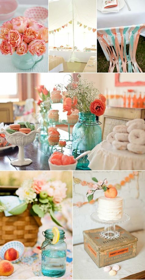 Wedding Shower Brunch Decorations, Peach Bridal Showers, Wedding Shower Brunch, Peach Baby Shower, Brunch Decor, Teal Wedding, Bridal Shower Brunch, Coral Wedding, Theme Color