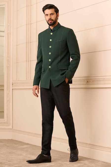 Buy Emerald Green Bandhgala Suiting Fabric Fluted Collared Trouser Set For Men by Tarun Tahiliani Online at Aza Fashions. Formal Dress Men, Indo Western Outfits For Men, Engagement Suits, Jodhpuri Suits, Green Suit Men, Jodhpuri Suits For Men, Formal Dresses For Men, Men's Wedding Outfit, Sangeet Outfit