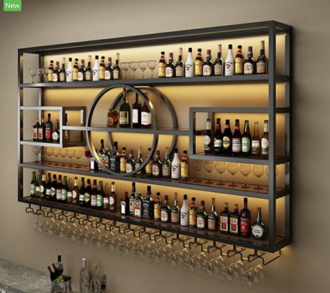 Bar Wall Design, Wine Rack Metal, Home Wine Bar, Modern Wine Rack, Mounted Wine Rack, Bar Counter Design, Home Bar Rooms, Modern Home Bar, Bar Shelves