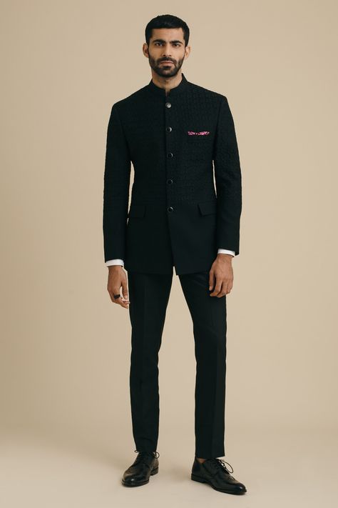 Buy Milan Embroidered Thread Floral Bandhgala For Men by Philocaly Online at Aza Fashions. Mandarin Collar Tuxedo, Mens Wedding Guest Outfit Indian, Pocket Square For Black Suit, Groom Jodhpuri Suit Wedding, Cocktail Groom Outfit, Mandarin Suits Men, Mandarin Collar Shirt Mens Suit, Wedding Reception Mens Outfit, Sangeet Suit For Men