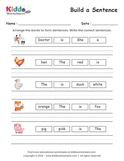 Free Printable Build a Sentence Worksheet - kiddoworksheets Re Arrange The Sentences Worksheet, Free Sentence Building Worksheets, Build A Sentence Free Printable, Building Sentences Activities, Make A Sentence Worksheet, Build A Sentence Worksheet, Word Building Worksheets, Building Sentences Worksheets, Build Sentences