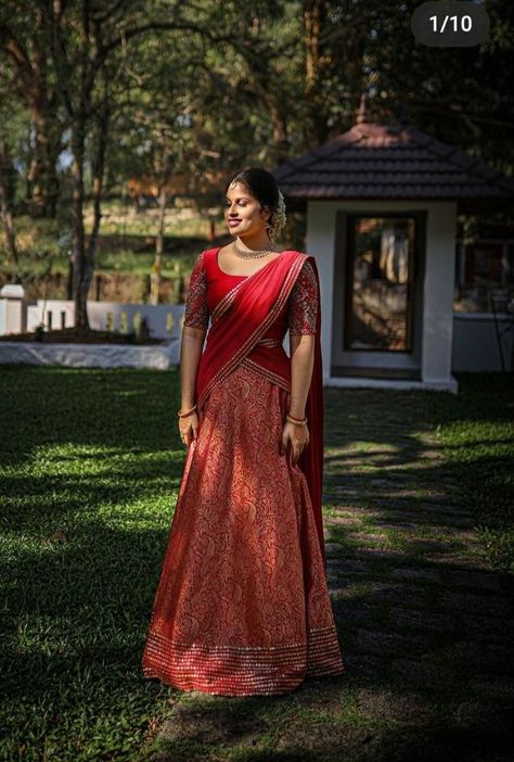 Davani Designs, Half Saree Designs South Indian, Dhavani Designs, Wedding Kerala, Kerala Engagement Dress, Silk Half Saree, Onam Outfits, Floral Skirt Outfits, Kerala Saree Blouse Designs