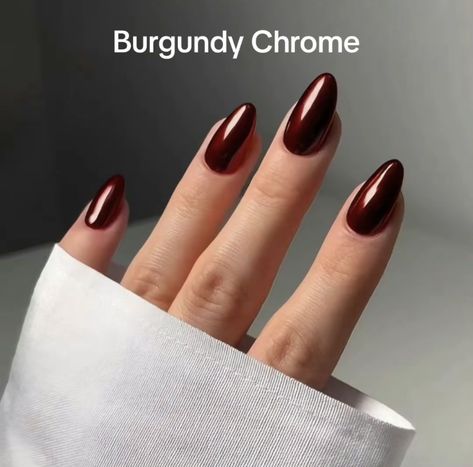 Short Oxblood Nails, Gel Nails Winter 2024, Deep Red Nail Ideas, Dark Red Chrome Nails Almond, Burgundy With Chrome Nails, Merlot Nail Color, Wine Coloured Nails, Chrome Cranberry Nails, Maroon With Chrome Nails