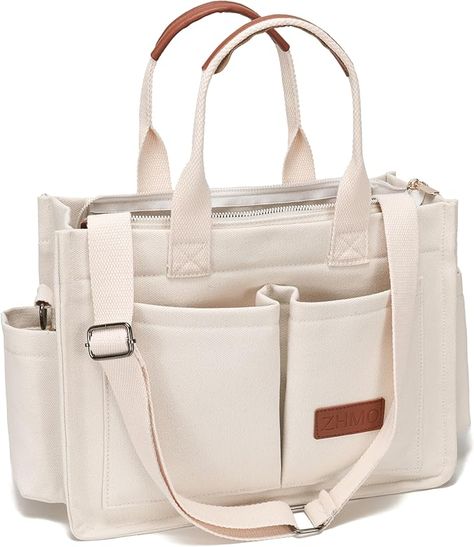 Amazon.com | ZHMO Large Top Handles Canvas Tote Bag for Women With Zipper Pockets,White Laptop Crossbody Purses Everyday Satchel Shoulder Hobo Work Bag Handbags for Gift Teacher Beach Travel Gym Book Weekend Nurse | Travel Totes Laptop Tote Bag Woman, Tote Bags For College, Nurse Travel, Stylish School Bags, Tote Bag With Pockets, Beach Gym, Tote Bags For School, Teacher Bags, Laptop Tote Bag