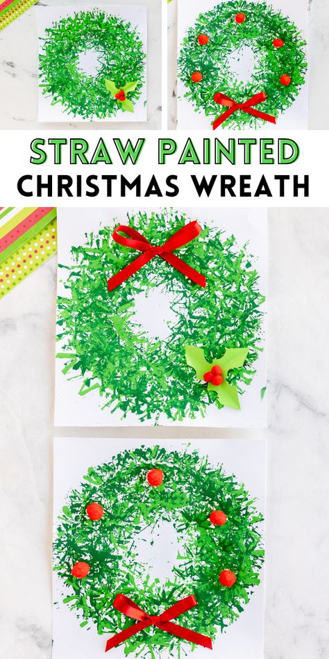 This Straw Painted Christmas Wreath craft is such a fun activity to make this holiday season. Paper, paint and a plastic straw is all you need to get started on this fun holiday wreath perfect for Christmas! Crafts For Preschoolers Christmas, Present Art For Kids, Christmas Wreath Art For Kids, Make Christmas Cards With Kids, Christmas Wreath Craft Preschool, Wreaths Crafts For Kids, Christmas Cards Ideas For Kids, Tissue Paper Christmas Crafts, Christmas Painting Ideas For Kids