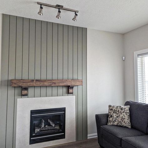 Thunder fifty finished mantel and corbels on vertical shiplap wall! #reclaimedwood #woodwork #hgtv #modernrustic #mantel #yyc #yeg #ymm #home #house Vertical Shiplap Fireplace, Vertical Shiplap Wall, Vertical Shiplap, Build A Fireplace, Shiplap Fireplace, Shiplap Wall, Basement Family Room, Basement Renovations, Fireplace Wall