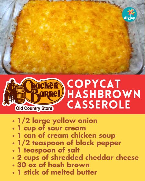 Do you love Cracker Barrel's hash brown casserole? You can easily make it at home with this copycat recipe! Hashbrown Casserole Copycat Cracker Barrel, Breakfast Casserole Cracker Barrel, The Best Hashbrown Casserole, Ritz Cracker Hashbrown Casserole, Copycat Sbarro Potatoes, Hashbrown Casserole With Diced Potatoes, Casserole Thanksgiving Recipes, Copycat Crackle Barrel Hashbrown Casserole, Cheesy Potatoes Cracker Barrel