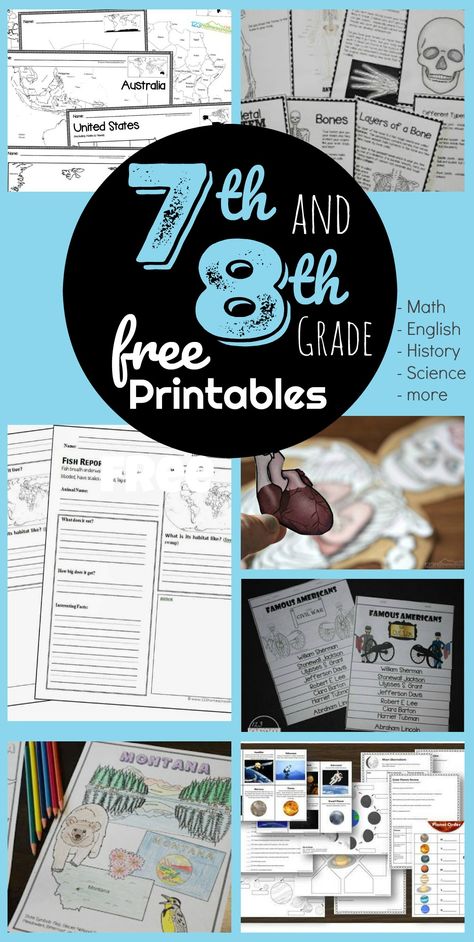 FREE 7th Grade and 8th Grade worksheets for jr high students to practice math, grammar, reading comprehension, geography, history, science, music, and more! #grade7 #grade8 #homeschool High School Worksheets, 8th Grade Worksheets, Free Science Printables, 8th Grade Math Worksheets, 7th Grade Social Studies, Science Printables, Language Arts Worksheets, Homeschool Middle School, Geography Worksheets