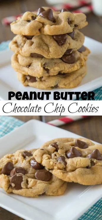 Peanut Butter Chocolate Chip Cookies are soft, fluffy, and full of chocolate and peanut butter! These are the thickest and softest cookies ever! Cho Chip Peanut Butter Cookies, Chew Peanut Butter Cookies, Pb Chip Cookies, Almond Flour Peanut Butter Chocolate Chip Cookies, Dark Chocolate Peanut Butter Cookies, Easy Pb Cookies, Chocolate Pb Cookies, Dessert Recipes With Peanut Butter, Peanut Butter Cookies With Choc Chips