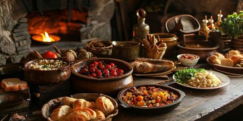 Dive into the tasty history of medieval food with fascinating facts about what people ate and how they prepared their meals.   #MedievalFood #HistoricalCuisine #FoodHistory #MedievalRecipes #CulinaryTraditions Tavern Food Medieval, Medieval Drinks, 1800s Food, Medieval Meals, Medieval Lifestyle, Medieval Foods, Medieval Dinner, Tavern Food, Skyrim Food