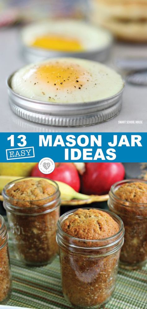 Mason jars are so handy. They can be put to so many uses. Take a look at 13  of my most favorite uses for mason jars. These 13 easy Mason Jar ideas are sure to make your life just a little bit easier. From cooking to cleaning, you can use these mason jar ideas for just about anything. Discover new uses for these handy jars today. #masonjars #diy #baking #cleaning #jaruses #easy #smartschoolhouse Decorative Mason Jar Lids, Baking In Mason Jars, Mason Jar Drink Recipes, Things To Make For Christmas Gifts Mason Jars, Decorating Mason Jars Ideas, What To Do With Mason Jars, Things To Do With Mason Jars, Mason Jar Food Ideas, Mason Jars Recipes