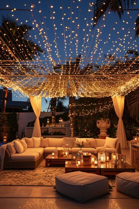 29 Garden Party Decor Ideas to Elevate Your Outdoor Celebrations 6 Party Lights Outdoor Patio, Backyard Party Lighting Ideas, Outdoor Birthday Party Decorations Night, Backyard String Lights Ideas, Outdoor Night Party, Outdoor String Lighting Ideas, Welcome Party Decor, Welcome Party Ideas, Backyard Party Lighting