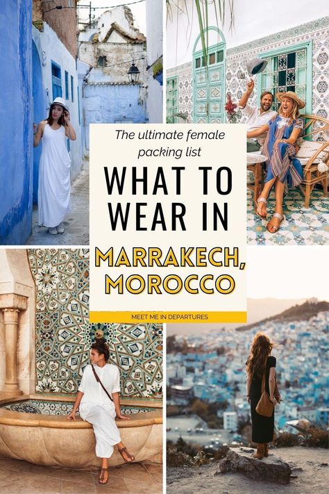 Find out how to dress in Marrakech as a female traveler. Learn the essentials for staying cool and looking chic in this fascinating city. what to Wear in Morocco for women | What to Wear in Morocco | How to dress in Morocco | Morocco outfits | Morocco travel outfit | Morocco packing list women | Morocco packing guide | Packing for Morocco | marrakech morocco packing list | morocco travel outfit packing tips | Marrakech packing list | Marrakech outfit Morocco Inspired Outfit, Marrakech Outfit Travel, Moroccan Travel Outfit, Morocco Fashion Woman, Morroco Vacation Outfits, Moroccan Inspired Outfit, Marrakesh Outfit Winter, Packing Morocco, How To Dress In Morocco