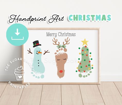 INSTANT DOWNLOAD (BONUS - 3 sizes--->This adorable DIY Christmas Handprint Art features a REINDEER, a SNOWMAN and a CHRISTMAS TREE. This sweet one-of-a-kind sentimental gift from your baby and/ or child is the perfect gift for Mom's, Dad's & Grandparents! This is a great craft for younger children (smaller hands/feet), babies and toddlers! This listing includes a printable 8x10, 8.5x11 (both best with small handprints/footprints) and 11x14 (for extra handprints/footprints or multiple children) t Baby Feet Painting Ideas Christmas, Reindeer Footprint Art, Christmas Footprint Art, Christmas Footprint Crafts, Handprint Art Christmas, Christmas Footprint, Hand Print Art, Baby Christmas Crafts, Baby Art Crafts