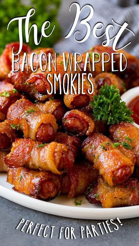 Seasonal Appetizers, Cocktail Sausage Recipes, Wrapped Smokies, Bacon Wrapped Little Smokies, Smokies Recipe, Bacon Wrapped Smokies, Sausage Appetizers, Cocktail Sausages, Thanksgiving Menu Ideas