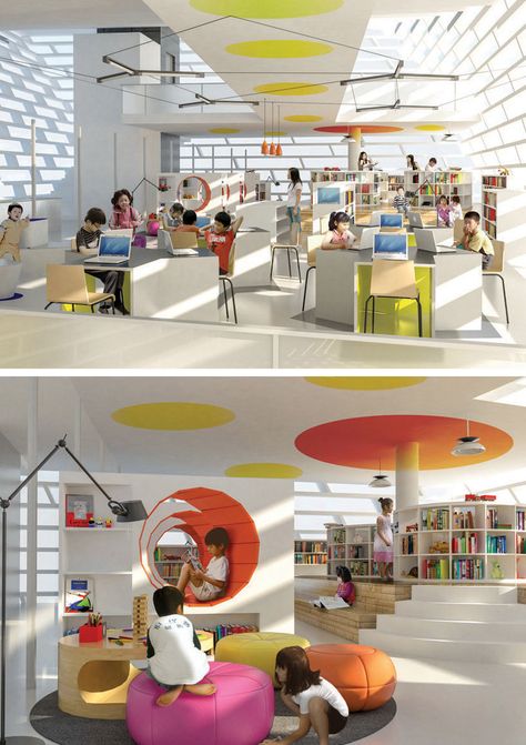 Library Design | Children's Library | ying yang public library by evgeny markachev + julia kozlova | The Design Language of Form, Colour, Line & Light depicted in a functional children's library....just love this! School Library Design, Library Inspiration, Kindergarten Design, School Interior, Childrens Library, Library Architecture, New York School, Kids Library, Design Library