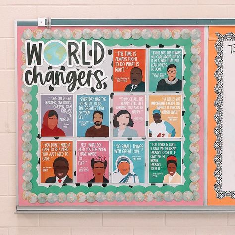 Social Studies bulletin board World Changers bulletin board Middle school bulletin board #socialstudies #socialstudiesclassroom #classroom #classroomdecor #middleschool #geographyclassroom Middle School Bulletin Boards History, Social Studies Board Ideas, Middle School Classroom Decorating Ideas Social Studies Theme, Student Center Bulletin Board High Schools, Middle Years Bulletin Boards, Social Science Classroom Decor, Tutor Group Display Board Secondary, Social Justice Classroom Decor, Bulletin Board Ideas For Social Studies