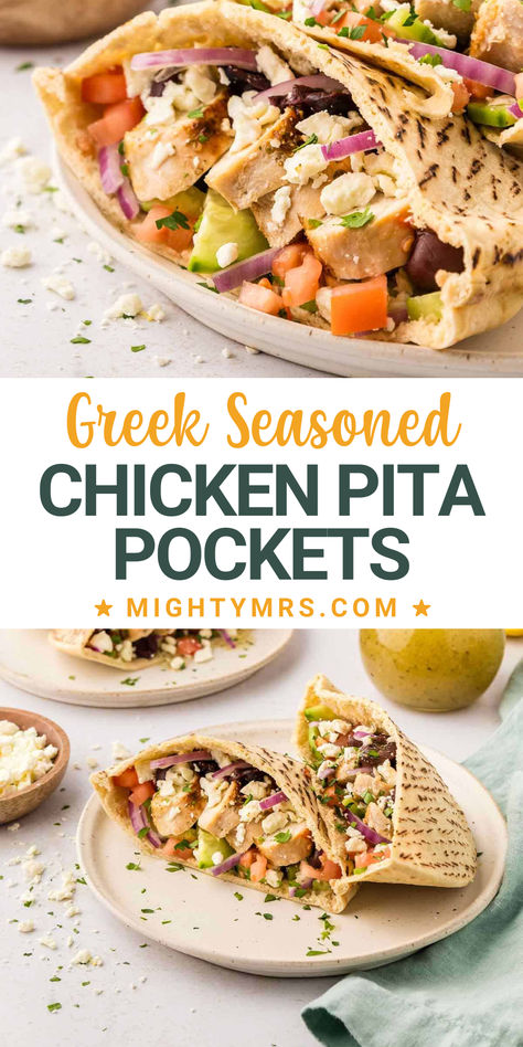 These Greek seasoned chicken pita pockets have a ton of flavor without a lot of effort! Lemony Greek seasoned chicken bites along with crisp cucumbers, plump tomatoes, spicy red onion, feta, and briny olives are tucked into a pita pocket and drizzled with Greek dressing. Perfect for a low-effort dinner or lunch any day of the week! Greek Chicken Pita Recipes, Greek Lunch Recipes, Pita Chicken Recipe, Pita Pocket Ideas, Greek Pita Wraps, Pita Recipes Chicken, Chicken Pitas Recipes Easy, Lunch With Rotisserie Chicken, Pita Lunch Ideas