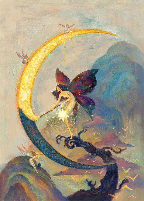 Dream Illustration, Fairy Paintings, Fairytale Art, Ethereal Art, Fairy Art, Graphic Design Illustration, Aesthetic Art, Painting Ideas, The Moon