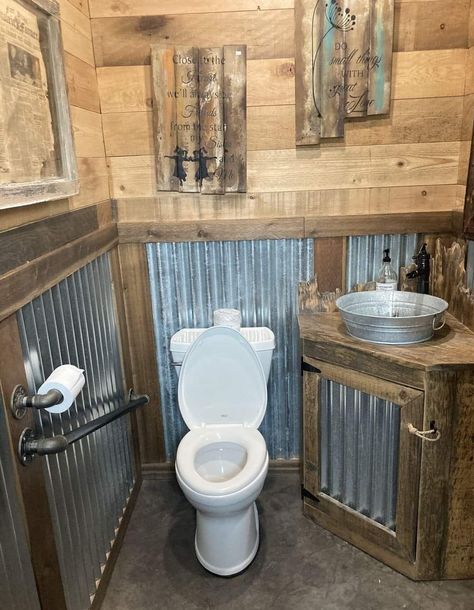 Tin Bathroom, Rustic Bathroom Remodel, Barn Bathroom, Rental Bathroom, Garage Bathroom, Bathroom Makeovers, Cabin Bathrooms, Metal Bathroom, Rustic Bathroom Designs