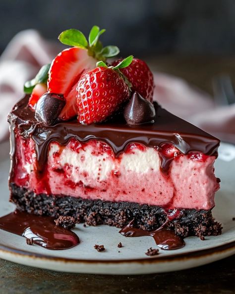 Decadent Chocolate Strawberry Cheesecake Recipe You Must Try! Chocolate Strawberry Dessert Recipes, Chocolate Desserts For Christmas, Top Cheesecake Recipes, Chocolate Covered Strawberry Desserts, Square Cheesecake, Cheesecake Topping Recipes, Strawberry Oreo Dessert, Fresh Strawberry Cheesecake Recipe, Decadent Cheesecake