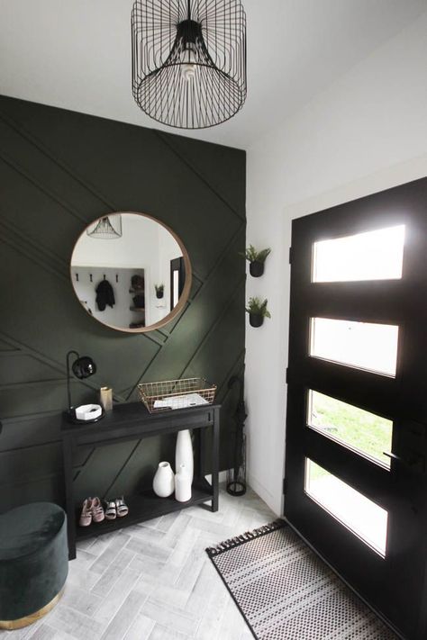 This gorgeous modern entryway reveal is here! What a huge transformation from the outdated space it once was! From the beautiful bench, to the herringbone floors, to the black front door, and the wood accent feature wall. This entry is stunning! #entryway #modern #entry #renovations Apartments Ideas, Entryway Decor Small, Hal Decor, Staircase Railing, Black Front Doors, Housing Ideas, Modern Entry, Modern Entrance, Wood Accent Wall