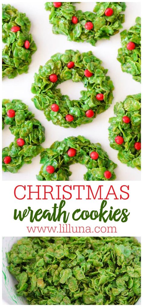 Christmas Wreath Cookies are made from cornflakes mixed in a marshmallow coating and speckled with cinnamon candies. They are fun kid-friendly goodies. #christmas #cookies #cornflakes #wreathcookies #christmascookies Cornflake Wreaths, No Bake Christmas, Holiday Candies, Christmas Wreath Cookies, Berry Cookies, Bake Christmas, Traditional Christmas Cookies, Seasonal Baking, Butterscotch Cookies