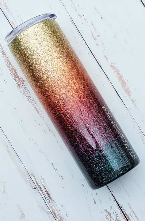 Show off your fall vibes with this multi-colored fall ombre glitter tumbler. Perfect for keeping those warm drinks hot all day! HOW TO PERSONALIZE YOUR TUMBLER: At checkout, please include any personalization details in the notes box: *Color of cup or particular glitter colors to be used*Name/font/direction of decal to be added (horizontal vs. vertical)*Color of vinyl to be used*If previously discussed (so I know to pull any previous conversations for reference) Our stainless steel tumblers are Yellow Glitter Tumbler Ideas, Vinyl And Glitter Tumblers, Fall Cup Designs, Pride Tumbler Ideas, Fall Epoxy Tumbler, Fall Glitter Tumbler Ideas, Tumbler Cups Ideas For Women, Fall Tumbler Cups, Fall Tumbler Ideas