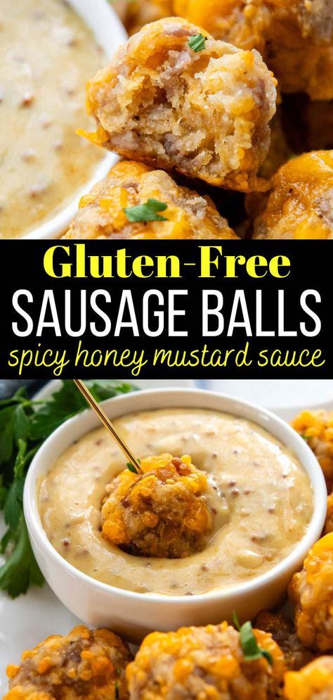 Enjoy a deliciously cheesy gluten-free sausage balls recipe without having to buy speciality ingredients! These easy sausage cheese balls require 5 simple ingredients without requiring gluten-free premade mixes, like Bisquick or pancake mix. They bake up golden and fluffy, with no greasiness, are make-ahead, freezer-friendly and include a bonus spicy sweet hot honey mustard dipping sauce! Gluten Free Horderves, Easy Appetizer Gluten Free, Gluten Free Tailgate Breakfast, Gluten Free Bisquick Sausage Balls, Gluten Friendly Recipes, Gf Make Ahead Breakfast, Holiday Sausage Balls, Gf Sausage Balls, Gluten Free Recipes For Potluck Parties