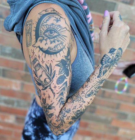 Random Tattoo Arm Sleeve, Gothic Style Sleeve Tattoo, Full Sleeves For Women Tattoo, Symmetrical Arm Tattoo Women, Leg Sleeves For Females Traditional, Sun Moon Sleeve Tattoo, Sparkle Tattoo Sleeve Filler, Filler Designs For Tattoos, Traditional Tattoo Art Filler