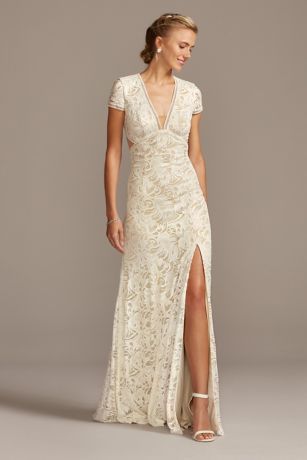 As Is V-Neck Lace Open Back Sheath Wedding Dress | David's Bridal Wedding Dress Over 40, Wedding Dress Mermaid Lace, Form Fitting Wedding Dress, Casual Beach Wedding Dress, Megan Dress, Second Wedding Dresses, Wedding Renewal, Linen Wedding, Modest Bridal