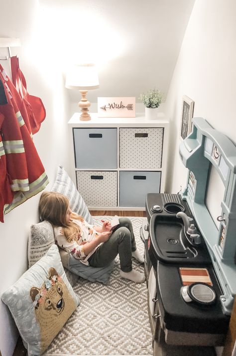 Closet Toy Room, Closet Turned Into Playroom, Tiny Space Toy Storage, Closet Into Play Space, Walk In Closet Playroom, Under Stair Toy Room, Tiny Toy Room, Closet Playroom Under The Stairs, Toy Room Under The Stairs