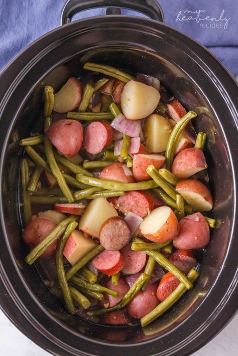 Crockpot Kielbasa, Green Beans, and Potato Meal Kielbasa Potatoes Green Beans Crock Pot, Sausage Potato Green Beans Crockpot, Crockpot Green Beans Sausage Potatoes, Crockpot Meals With Green Beans, Sausage And Green Beans Crockpot, Green Bean Smoked Sausage And Potatoes Crockpot, Crock Pot Beans Recipe, Sausage Red Potatoes Green Beans, Crockpot Kielbasa And Green Beans