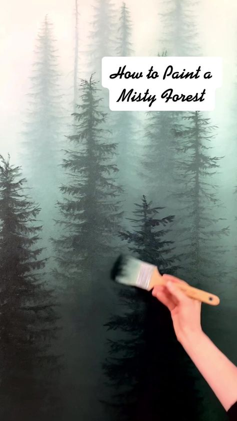 How To Paint A Forest Wall Mural, Misty River Painting, How To Paint Misty Trees, Misty Forest Drawing, Misty Forest Wall Mural, Abstract Pine Tree Painting, Painting Pine Trees On Walls, Painting Misty Forest, Nature Scene Painting Easy