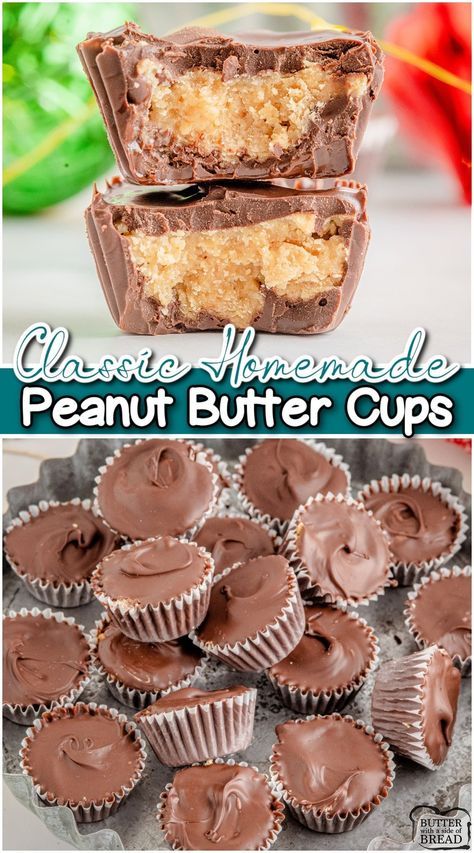 Homemade Peanut Butter Cups made with a handful of ingredients & so much better than store bought! Fun, festive addition to holiday candy trays! Reese’s Peanut Butter Cups Recipe, Christmas Peanut Butter Cups, Easy Peanut Butter Cups, Homemade Reeses Bars, Peanut Butter Cups Recipe Easy, Reeses Cup Recipes, Resses Peanut Butter Cups Homemade, Diy Reeses Cups, Reese’s Peanut Butter Cups