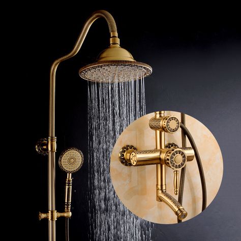 Cheap bath shower set, Buy Quality faucet set directly from China shower faucet set Suppliers: Shower Faucets Luxury Bath Shower Sets Bathroom Wall Mounted Hand Held Antique Brass Shower Head Kit Shower Faucet Set  9712 Steampunk Bathroom, Tub To Shower Remodel, Antique Bathroom, Small Shower Remodel, Brass Shower Head, Fiberglass Shower, Retro Bathrooms, Brass Shower, Shower Faucet Sets