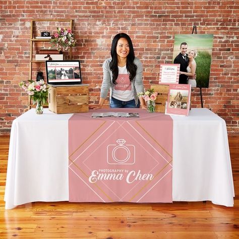 Emily - what do you think of doing a table runner instead of a table cloth? Vendor Table Display, Bridal Show Booths, Craft Fair Table, Treat Business, Booth Table, Vendor Booth Display, Craft Fair Booth Display, Vendor Table, Craft Show Booths