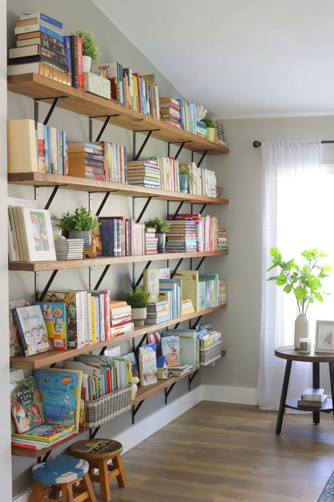 Diy Bookshelf Wall Around Window, Open Shelves Library, Open Concept Bookshelves, Wall Mounted Library, Books Shelves In Living Room, Modern Home Library Ideas Bookshelf Wall, Living Room Tv Wall With Bookshelves, Open Shelves For Books, Full Wall Floating Shelves Library