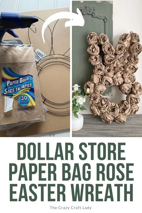 dollar store paper bag rose Easter wreath Paper Bag Wreath Diy, Paper Bag Roses, Creative Paper Bag, Diy Rose Bouquet, Paper Bag Flowers, Brown Paper Lunch Bags, Easter Paper Crafts, Paper Bag Crafts, Paper Lunch Bags