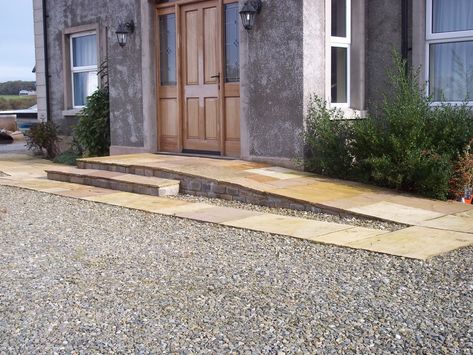 Large paver stone entry ramp Ramp Entry House, Concrete Wheelchair Ramp Design, Front Door Wheelchair Ramp Ideas, Steps And Ramp To Front Door, Front Door Ramp Ideas, Front Porch Wheelchair Ramp Ideas, Ramp And Stairs Combined, Ramp Access To House, Wheelchair Accessible Front Door