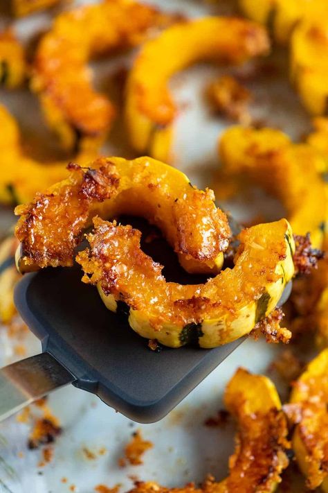 Parmesan Garlic Delicata Squash Keto Delicata Squash Recipe, Delicate Squash, Inspired Taste, Delicata Squash Recipe, Roasted Delicata Squash, Recipe With Garlic, Roasted Vegetable Recipes, Delicata Squash, Squash Recipe