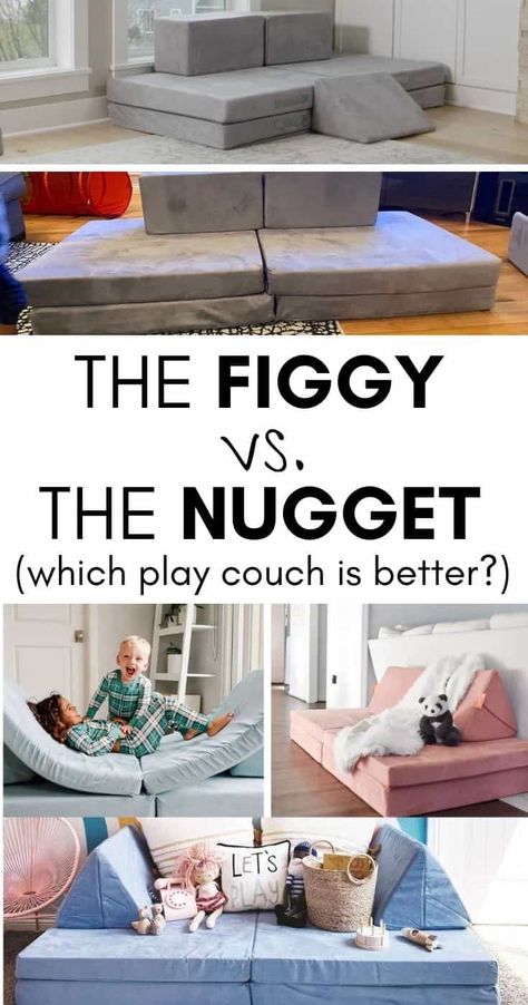 Figgy vs. the Nugget - which play couch is best? We review in detail across multiple different categories to give you our assessment! Nugget As A Couch, Nugget Play Couch, Play Couch Reading Nook, Nugget Couch Room Ideas, Kids Couch Playroom, Nugget Couch Storage, Diy Nugget Couch, Nugget Couch Living Room, Nugget Couch Reading Nook