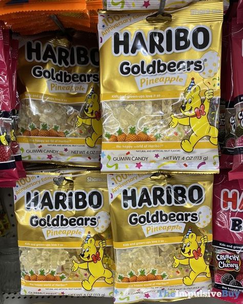 Even though my jaw dislikes the hardness of Haribo gummy bears, my tongue loves the flavor of the clear ones. So my mouth as a whole is confused about whether or not to be excited about this. (Spotted by RaveGyrl at Dollar Tree.) The post SPOTTED: 100th Anniversary Edition Haribo Pineapple Goldbears appeared first on The Impulsive Buy. Haribo Gummy Bears, Jelly Tots, Haribo Candy, Vegan Candies, Road Trip Snacks, Artificial Fruit, Easy Baking Recipes Desserts, My Mouth, 100th Anniversary