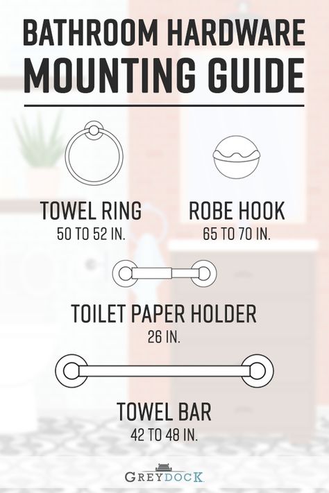 Installing new bathroom hardware? Before drilling the first hole, check to make sure it's at the right height to increase functionality in the space. Click through to read our in-depth guide - perfect for DIY beginners or seasoned pros! #towelbar #robehook #towelring #homeimprovement #bathaccessories #bathroomhardware Bathroom Hardware Placement, Towel Bar Placement, Towel Bars In Bathroom, Towel Bar Height, Zen Bathroom, Decorating Bathroom, Bathroom Towel Bar, New Bathroom, Powder Rooms