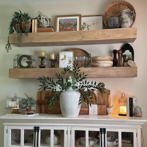 Buffet Decor Shelves Over Buffet Table, Buffet Table With Shelves Above, Styled Buffet Table, Dining Room Buffet With Shelves Above, Buffet With Open Shelving Above, Kitchen Buffet Table Ideas Decor, How To Style A Bakers Rack, Buffet Table In Kitchen, Floating Shelves Over Buffet